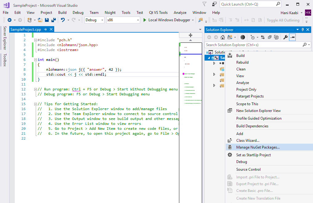 Right-clicking a project in Solution Explorer and selecting "Manage NuGet Packages…"