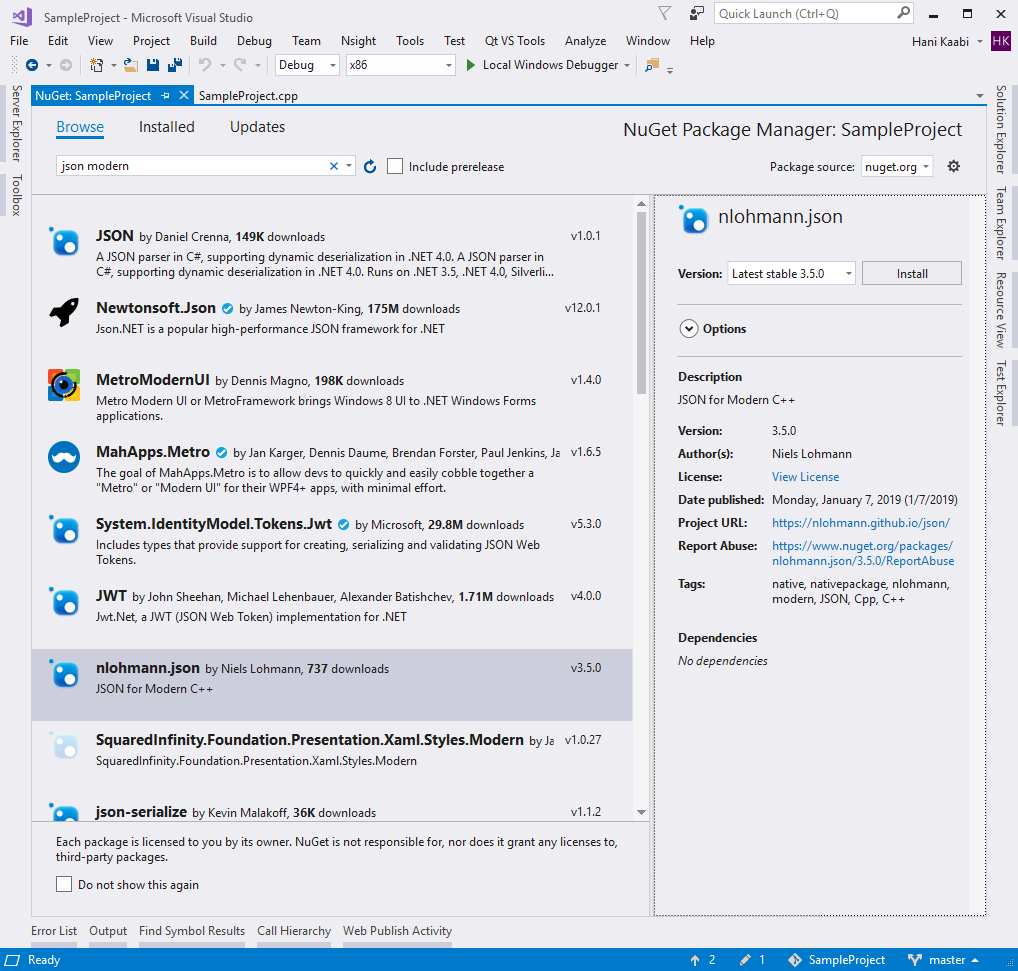 Searching for and selecting the nlohmann.json package in the NuGet package manager